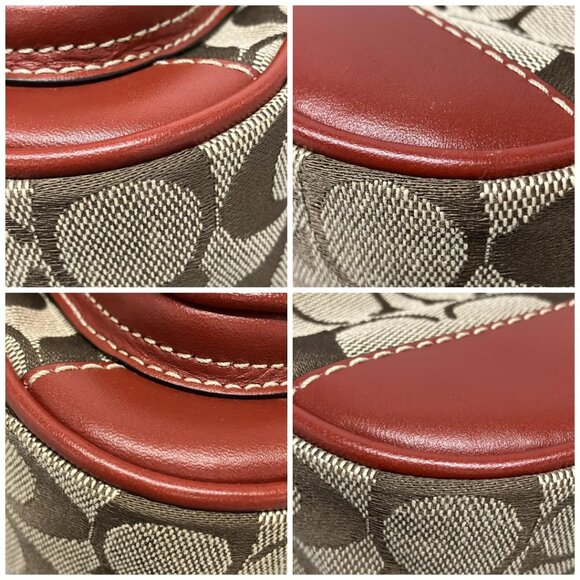 Auth COACH Signature Cricket Shoulder Bag 10566S Khaki Red Jacquard Leather - Picture 16 of 16